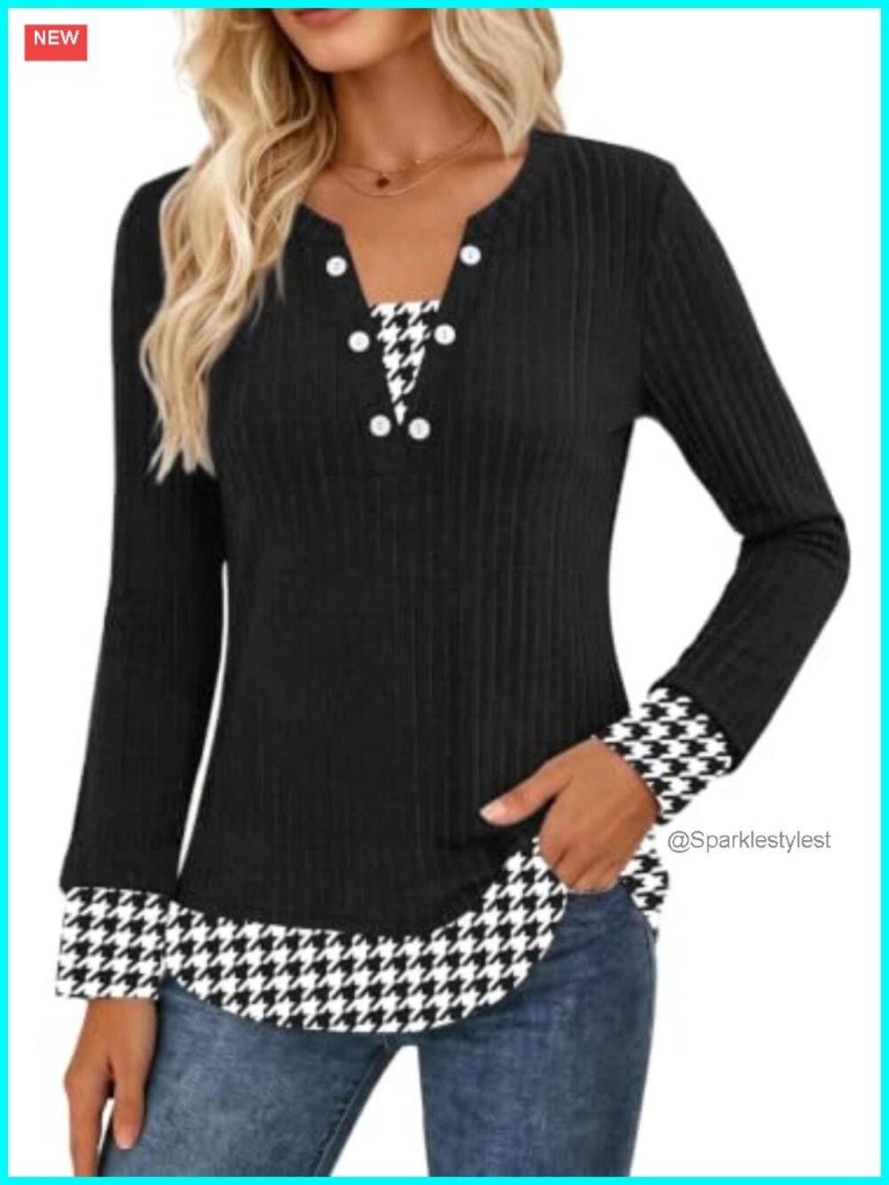 Womens Long Sleeve V Neck Knit Tunic Sweater Faux Layer Houndstooth Office